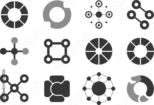 Collection of simple flat geometric icons showing circular segments and network connection nodes for business presentations