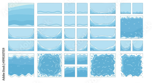 Blue water liquid animation frames, 2D cartoon splash and wave sequence set, flat ocean ripple vector elements for game design and motion graphics