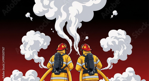 International Firefighters Day  firefighters stand ready, their backs to the viewer, amidst dense smoke and a fiery backdrop, embodying readiness and bravery in the face of emergency and danger