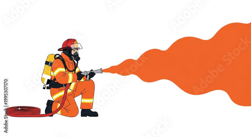 Brave firefighter in full protective uniform actively dousing a fire with a powerful hose stream, representing emergency safety and rapid response