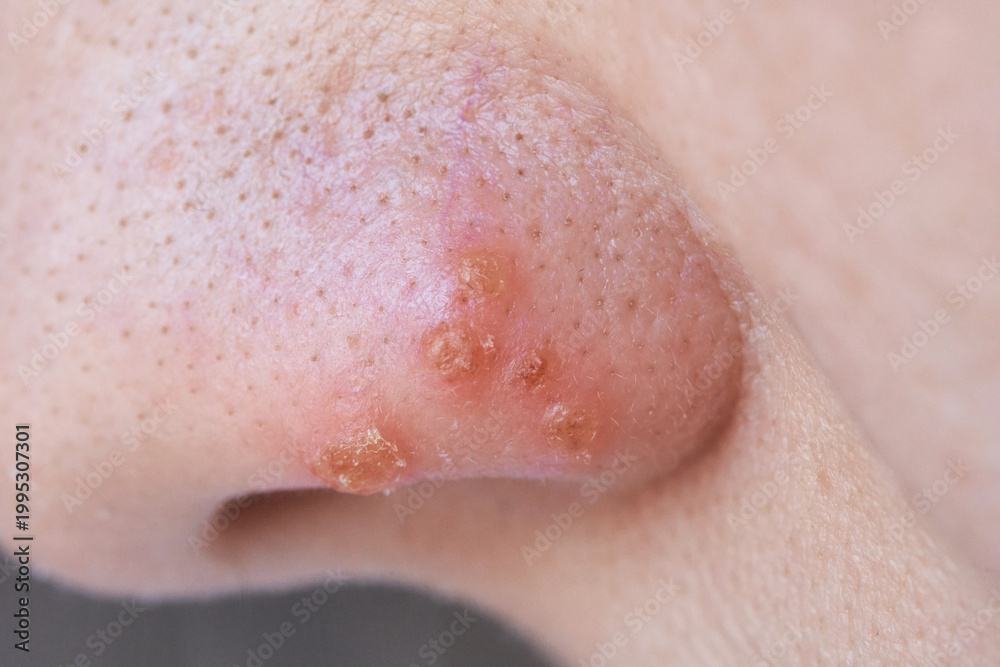 Fototapeta premium Closeup Of Nostril Area With Multiple Scabbed Sores And Prominent Pores On Nasal Tip Showing Flaky Brown Crusts And Irritated Textured Skin In Clinical Neutral Lighting.
