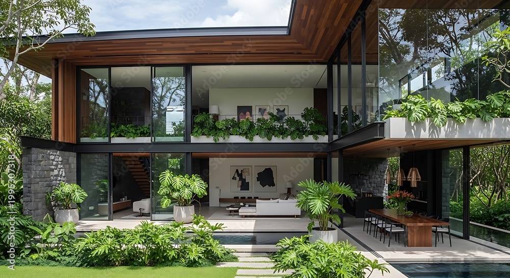 Fototapeta premium Luxury Modern House with Glass Walls, Lush Greenery, and Open Plan Living