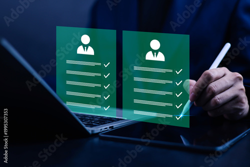 Digital checklist and online survey form on laptop with business person using stylus, data verification, quality control, task management and workflow approval system for modern business
