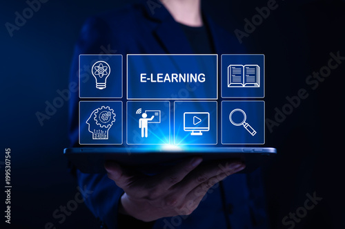 E-learning digital concept with business person holding tablet showing online education interface, virtual training, knowledge, technology innovation and modern distance learning platform for global
