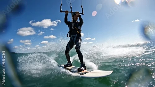 Professional kitesurfer riding waves on a sunny day at the ocean.