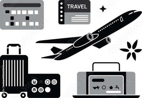 Set of travel icons featuring an airplane with luggage and various booking documents for holiday planning