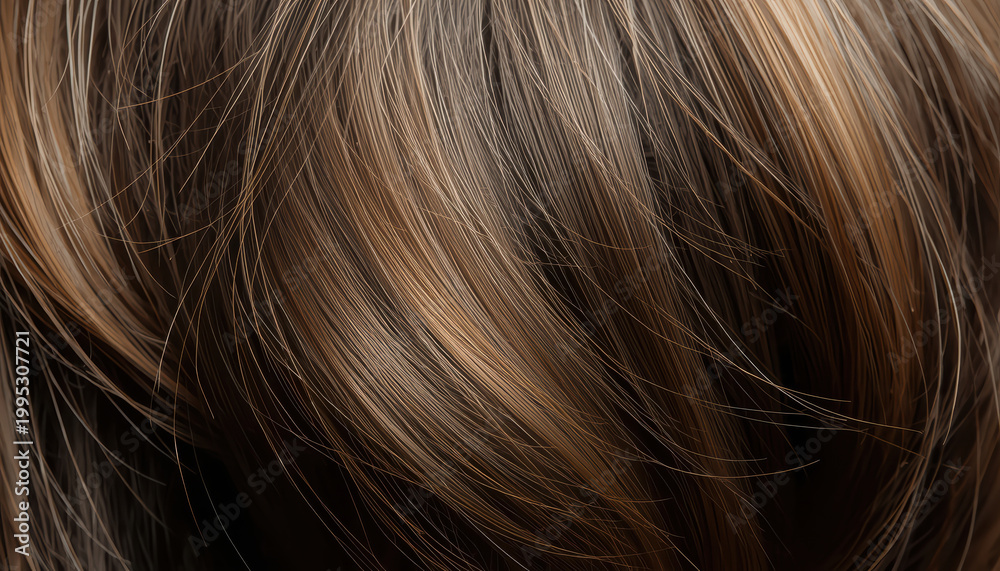Fototapeta premium Soft brown hair strands with natural highlights and fine texture, closeup showing micro details