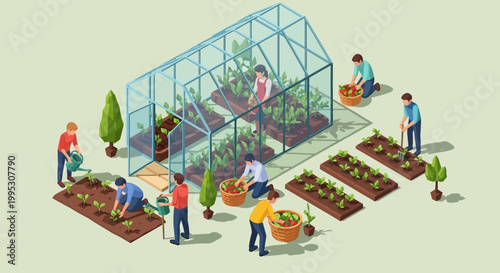 Community Gardening and Sustainable Living Illustration Featuring Diverse People Nurturing Plants in a Greenhouse and Outdoor Beds with Tools
