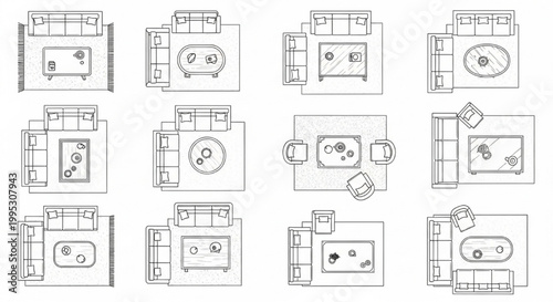 Top View Living Room Furniture Layout Collection – Modular Sofa Arrangements with Coffee Tables CAD Plan Set