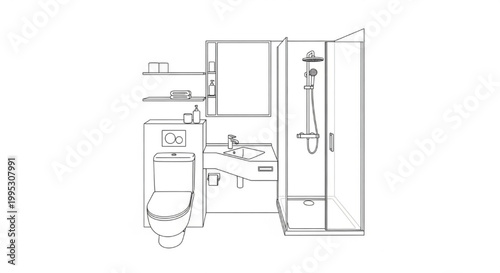 Modern Bathroom Elevation CAD Drawing with Shower Enclosure, Vanity Sink, Toilet and Storage Shelving Layout