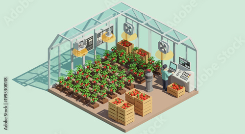 Smart farming technology in an isometric greenhouse, illustrating automated tomato cultivation, a worker operating controls, and crates of fresh harvested produce