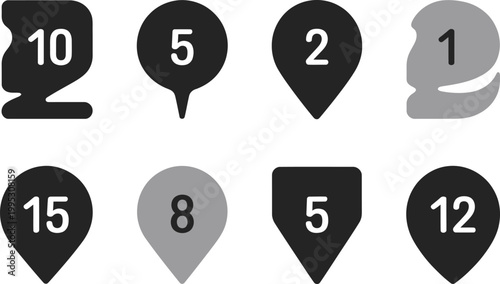 Set of various navigation map pins featuring different numbers and diverse geometric shapes for location marking