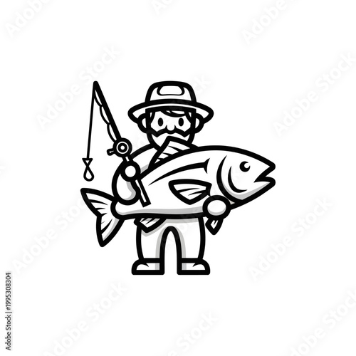 Fisherman holding a large fish and fishing rod in a simple line art style.