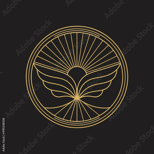 Golden Winged Sun Logo in Circle on Black Background.