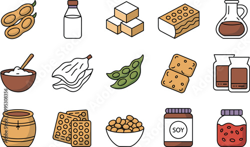 Soy food icon set, healthy soybean products, plant protein, vegan ingredients, flat vector illustration, dietary collection