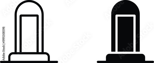 Set of two gravestone icons displaying burial markers in outline and solid black style for cemeteries