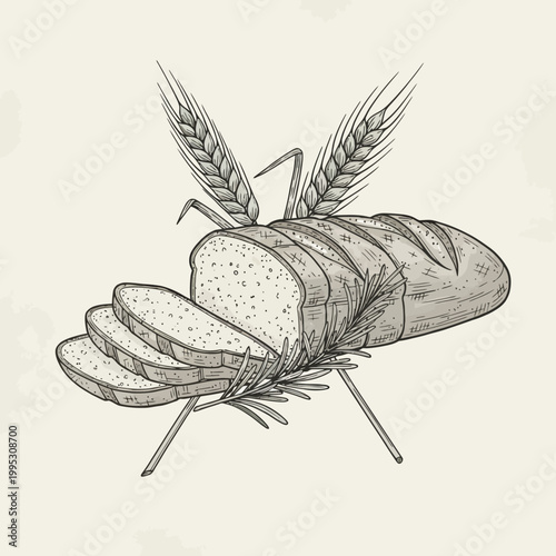 Hand-drawn illustration of sliced bread loaf with wheat stalks.