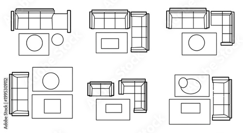 Living Room Layout CAD Blocks – Top View Sofa Configurations with Rugs and Coffee Tables Interior Plan Set