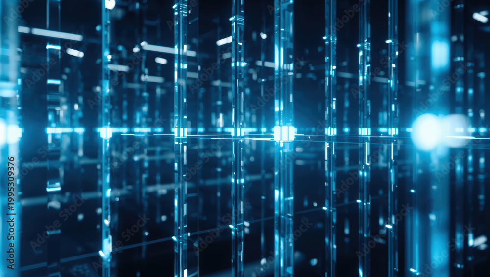 Fototapeta premium Crystalline glass grid with glowing blue light and reflective panels, futuristic ambiance