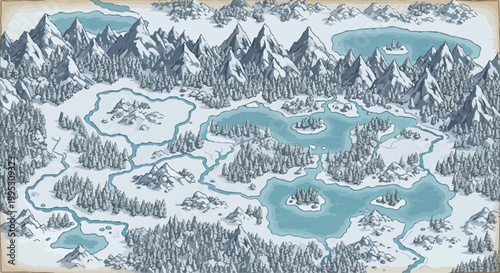 Fantasy world map vector, hand drawn winter landscape with mountains and pine forests, vintage tabletop gaming cartography with blue lakes and rivers