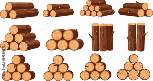 Set of wooden logs stacks and cut tree trunks with detailed rings isolated on light background forestry vector illustration collection