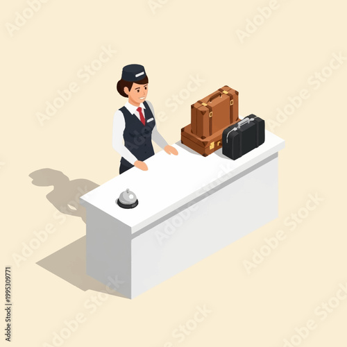 Receptionist with luggage at check-in desk.