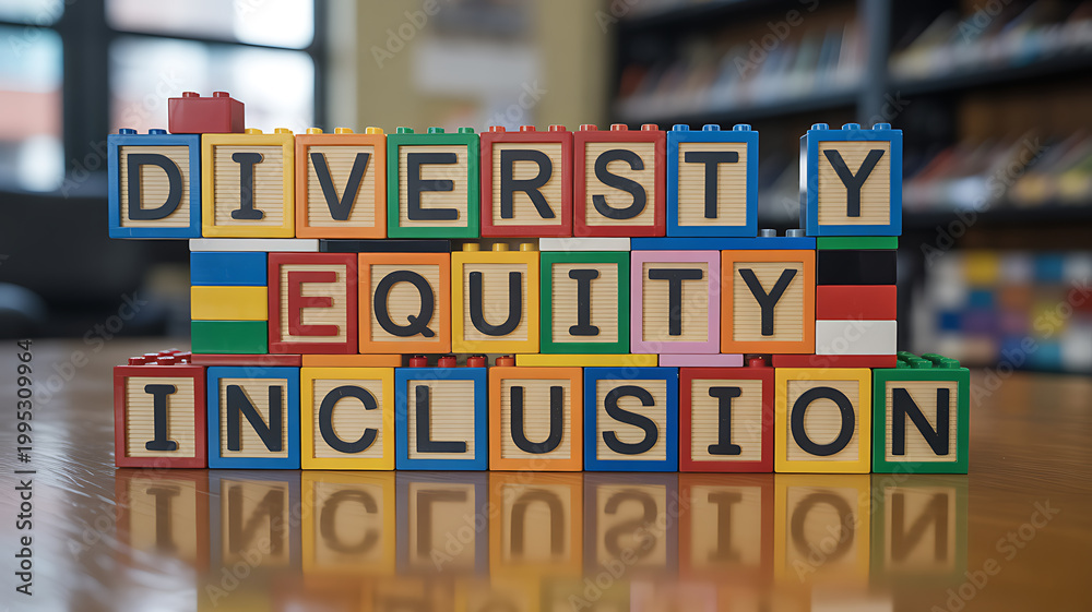 Fototapeta premium Colorful blocks spelling diversity equity inclusion emphasizing teamwork and professional collaboration