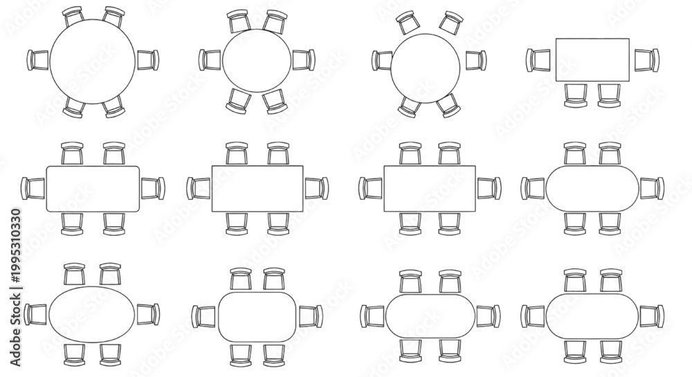 Obraz premium Top View Dining Table and Chair Layout CAD Blocks – Round and Rectangular Seating Furniture Plan Set