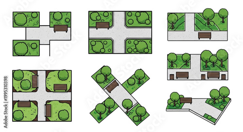 Top View Park Landscape Layout CAD Set – Pathway Intersections, Trees and Bench Seating Plan Collection