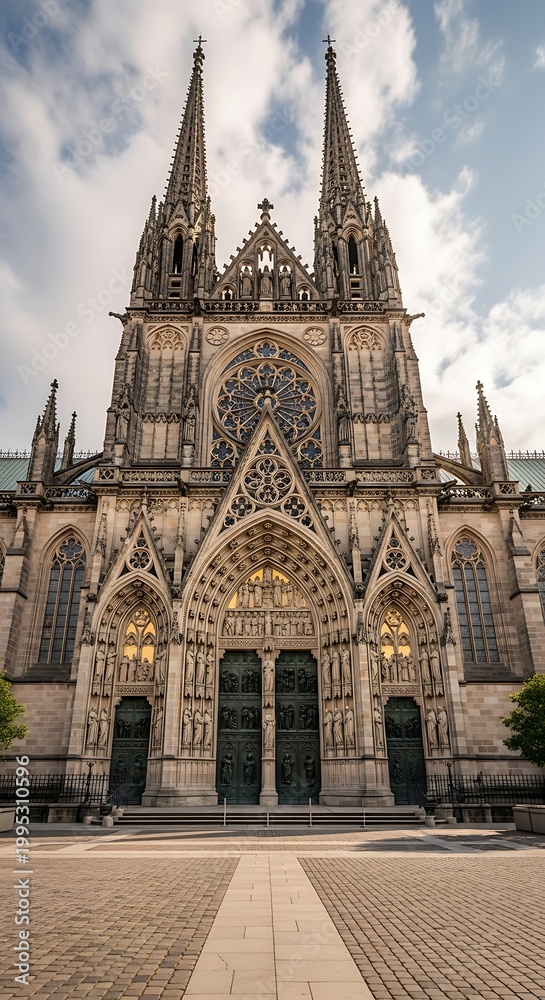 Fototapeta premium Majestic Gothic Cathedral Facade with Intricate Sculptures and Rose Window Under a Cloudy Sky