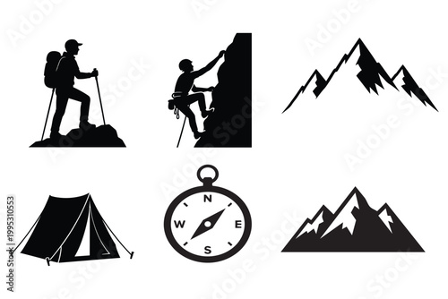 Outdoor Adventure Icons Set – Hiking, Climbing, Camping and Navigation Silhouettes