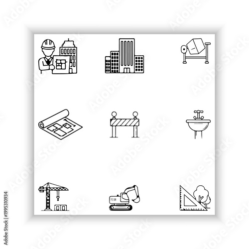 Construction Industry Line Icons Set – Minimal Black Outline Tools and Equipment Collection