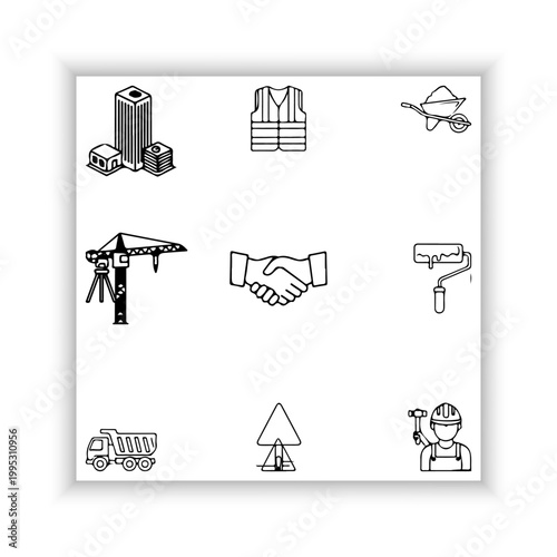 Construction Industry Line Icons Set – Minimal Black Outline Tools and Equipment Collection