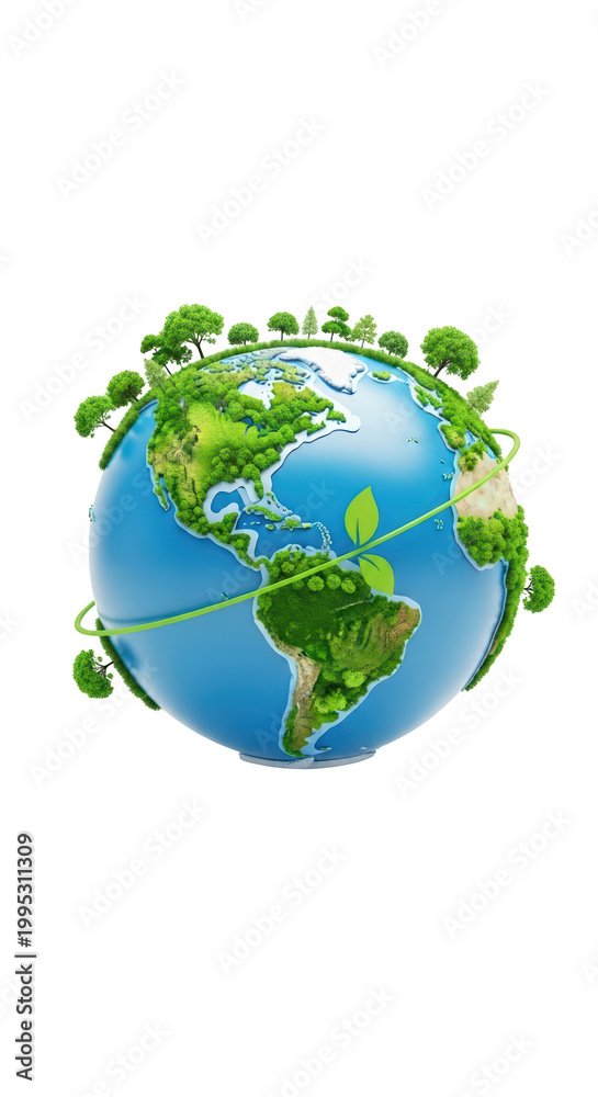 Obraz premium Globe with green leaves and connections.