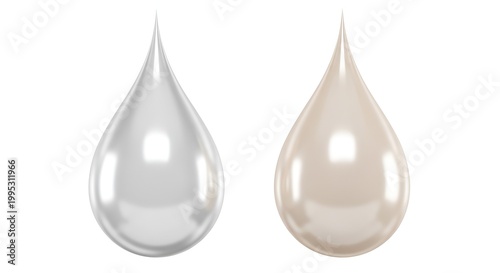 Two pearlescent liquid drops, cosmetic serum, beauty fluid, skincare ingredients, isolated on white