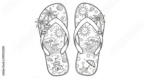 Colorful illustration of decorated flip flops with tropical designs and patterns on white background