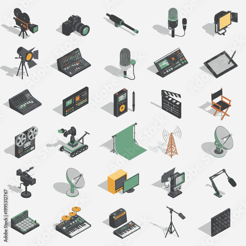 Collection of isometric icons representing various film and audio production equipment and tools.
