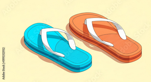 Vibrant blue and orange flip flops with white straps on a pale yellow background for summer vacation and beach activities