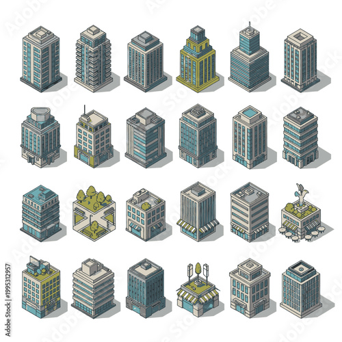 Collection of isometric buildings and skyscrapers in a flat design style, representing a city skyline.