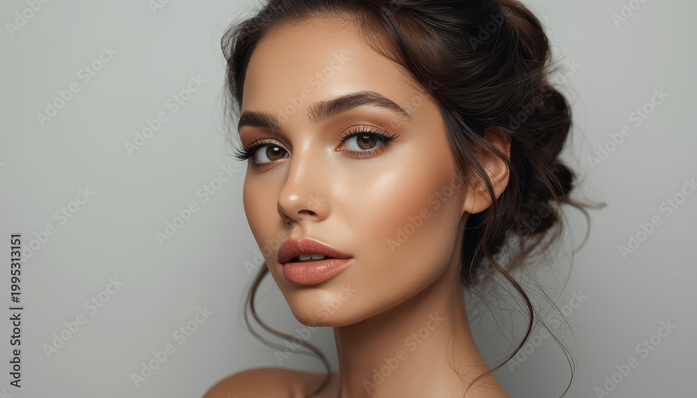 Fototapeta premium Glowing portrait makeup natural glow portrait makeup beauty brown eyes glossy lips updo