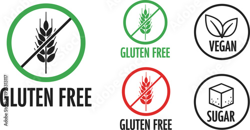 Gluten free vegan sugar icons set with food labels dietary symbols minimal vector badge collection design
