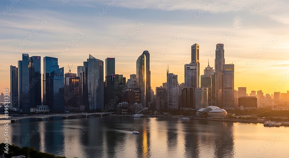 Fototapeta premium Modern City Skyline at Sunrise with Reflections on Water