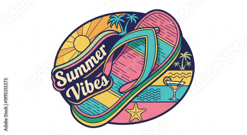 Colorful flip flops with summer vibes text and tropical background illustration