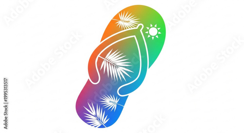 Colorful flip flop with palm trees and sun on rainbow background for summer vacation and relaxation