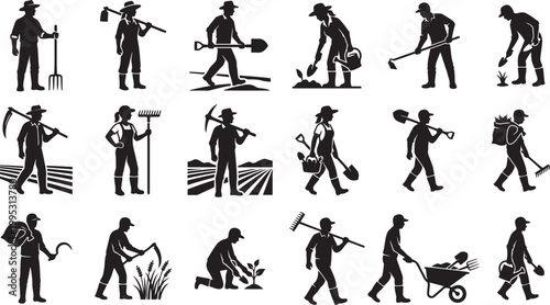 Diverse group of silhouetted farmers with various agricultural tools