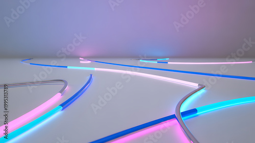 Colorful neon light lines on white surface symbolizing luxury, elegance, and premium quality