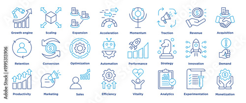 Growth Engine editable icon set featuring growth, engine, scaling, expansion, acceleration, momentum, traction, revenue, acquisition, retention.