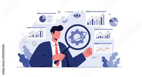 Business analyst using a magnifying glass to inspect mechanical gears and financial charts for system optimization.