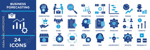business forecasting icon collection set. Containing strategy, estimation, modeling, scenario, growth, market, performance, data, insights, risk, uncertainty.