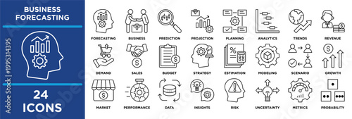 business forecasting icon collection set. Containing forecasting, business, prediction, projection, planning, analytics, trends, revenue, demand, sales, budget.